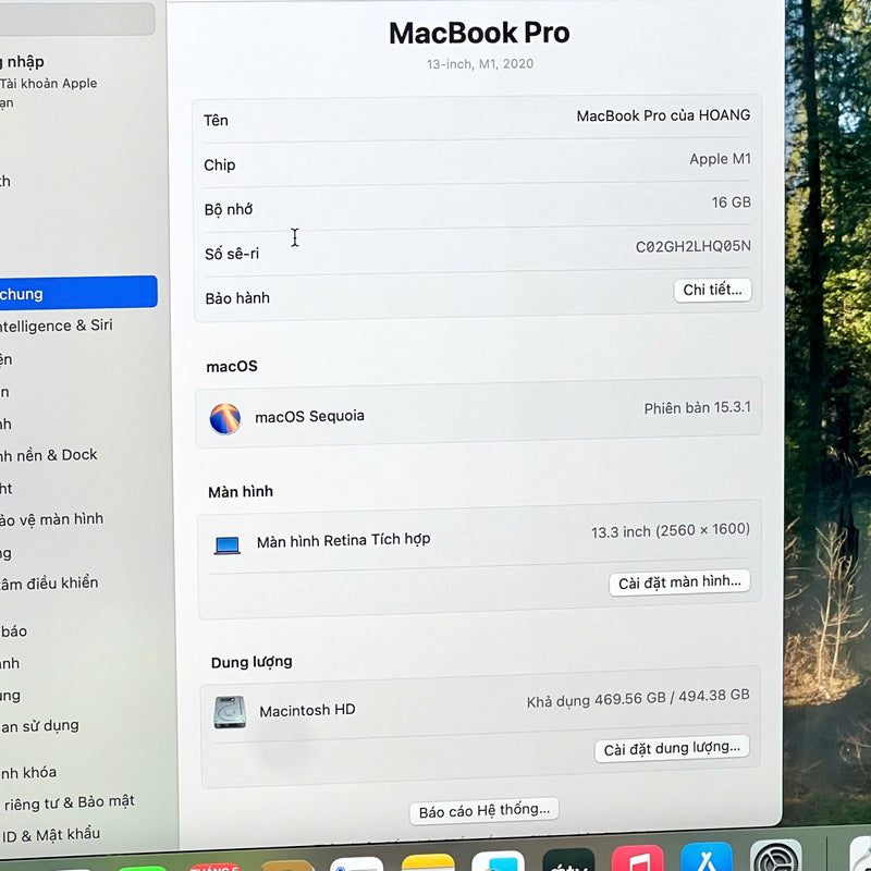 MacBook Pro 2020 13.3in Xám Apple M1/ RAM 16GB/ SSD 512GB 98% pin 88% sạc 156 lần BPTN