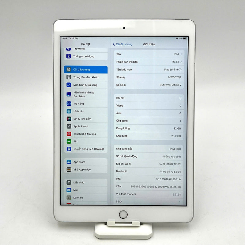 Ipad Gen 7 10.2in 32GB Bạc 4G + Wifi 98% pin 100% ( Đã thay pin)