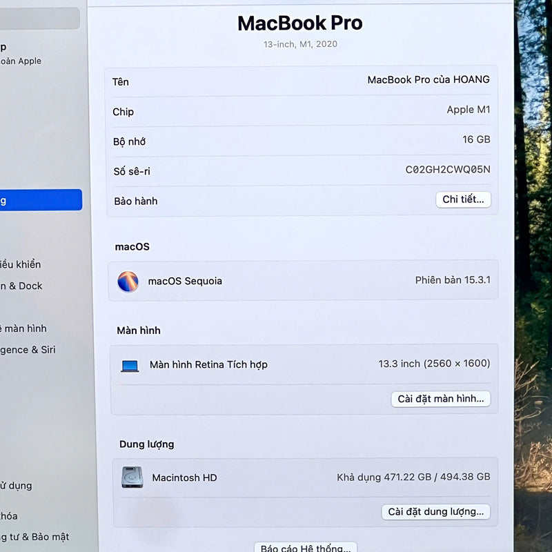 MacBook Pro 2020 13.3in Xám Apple M1 / RAM 16GB/ SSD 512GB 98% pin 93% sạc 60 lần BPTN