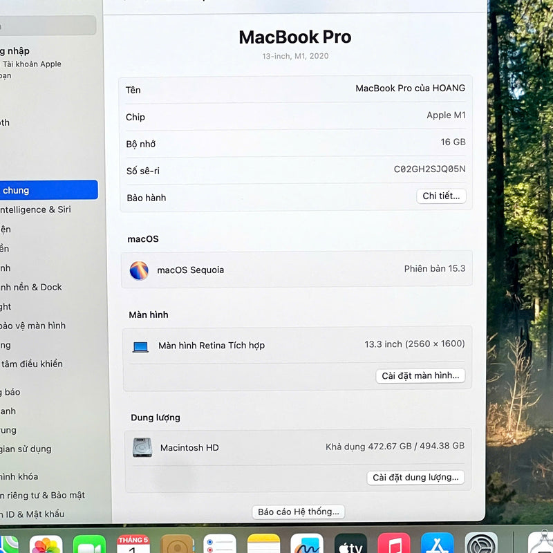 MacBook Pro 2020 13.3in Xám Apple M1/ RAM 16GB/ SSD 512GB 98% pin 90% sạc 106 lần BPTN ( Ám vỏ lưng )