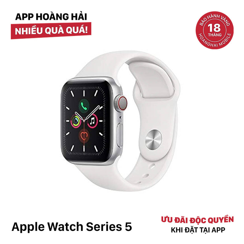 Apple Watch Series 5 40mm GPS+Cellular 98% Silver Aluminium Case/White Sport Band pin 99% màn xước