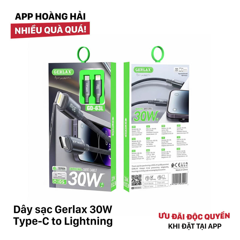 Dây sạc Type-C to Lightning Gerlax GD-63L