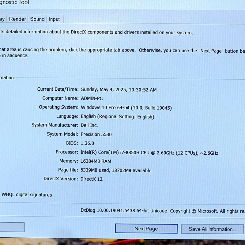 Dell Precision 5530 15.6in NVIDIA Quardro P1000 i7 8850H/ RAM16GB / SSD 256GB