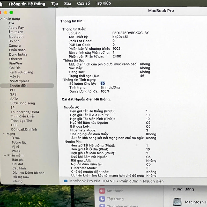 MacBook Pro 2020 13.3in Xám Apple M1 / RAM 16GB/ SSD 512GB 98% pin 100% sạc 30 lần BPTA