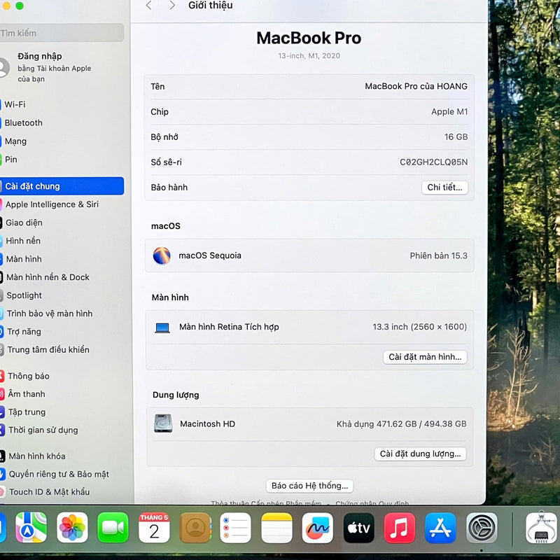 MacBook Pro 2020 13.3in Xám Apple M1 / RAM 16GB/ SSD 512GB 98% pin 89% sạc 156 lần BPTN