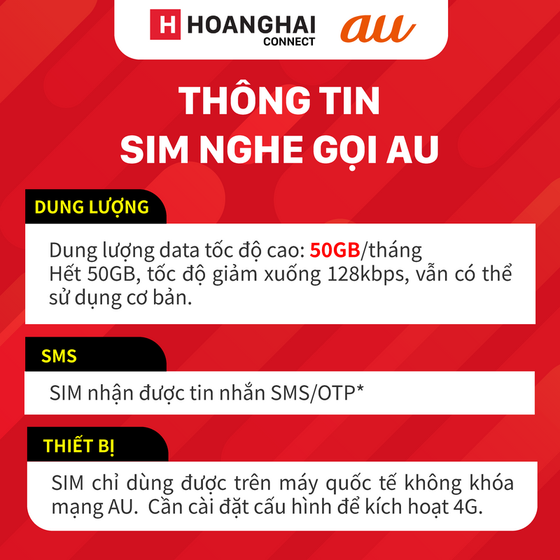 Sim nghe gọi AU không giới hạn I Data 50GB Cước 3980¥ - Tặng tai nghe không dây HP