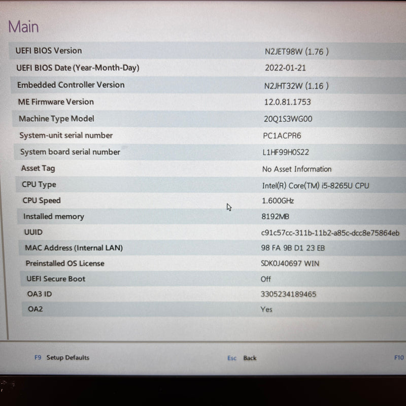 Lenovo Thinkpad X390 13.3in i5 8265U/RAM 8GB/SSD 256GB Likenew