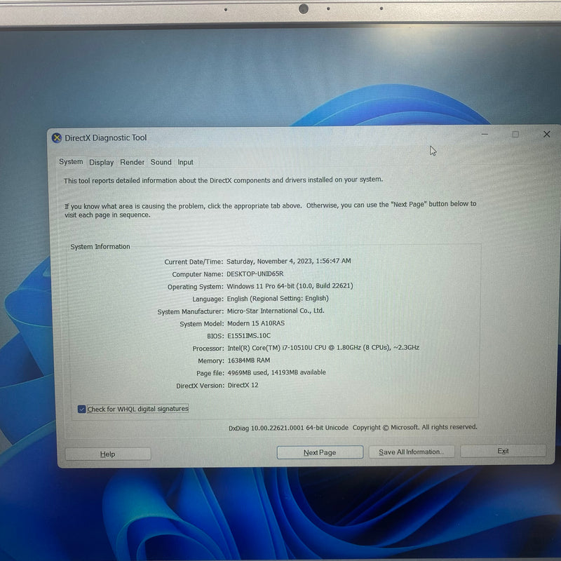 MSI Modern 15 A10RAS 15.6in i7 10510U/RAM 16G/SSD 1TB Likenew