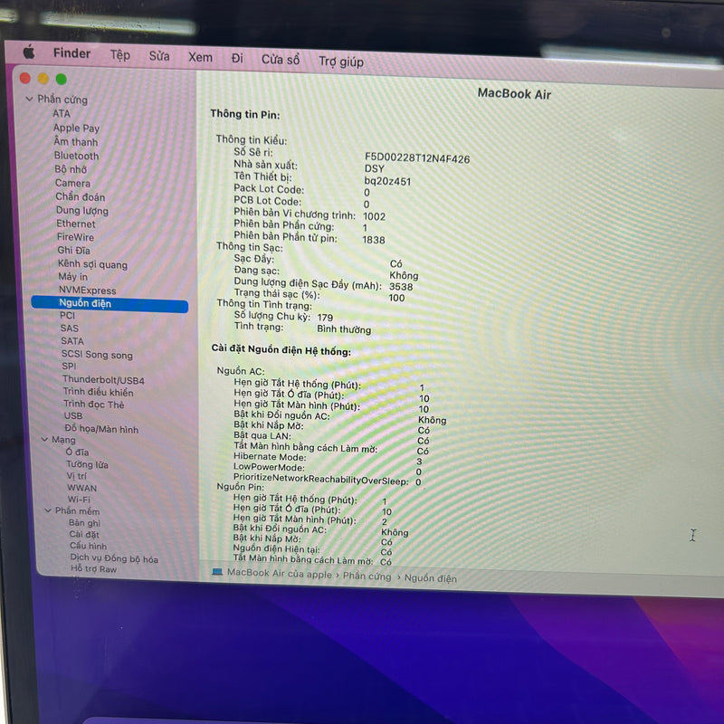 Macbook Air 2020 13.3in Gray Intel Core i7/RAM 16G/SSD 512G 98% Fullbox sạc 179 lần BPTN