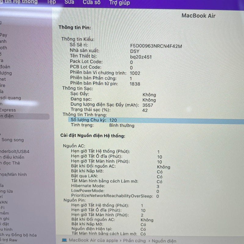 Macbook Air 2020 13.3in Gray Intel Core i5/RAM 16GB/SSD 256GB 98% sạc 120 lần BPTN