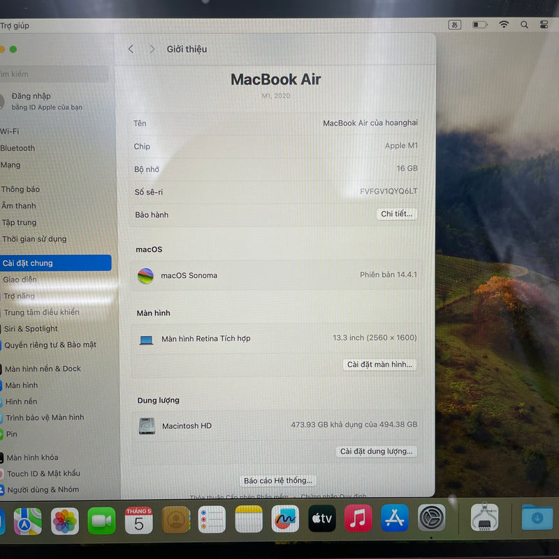 Macbook Air 2020 13.3in Gray Apple M1/RAM 16GB/SSD 512GB 98% sạc 153 lần BPTN