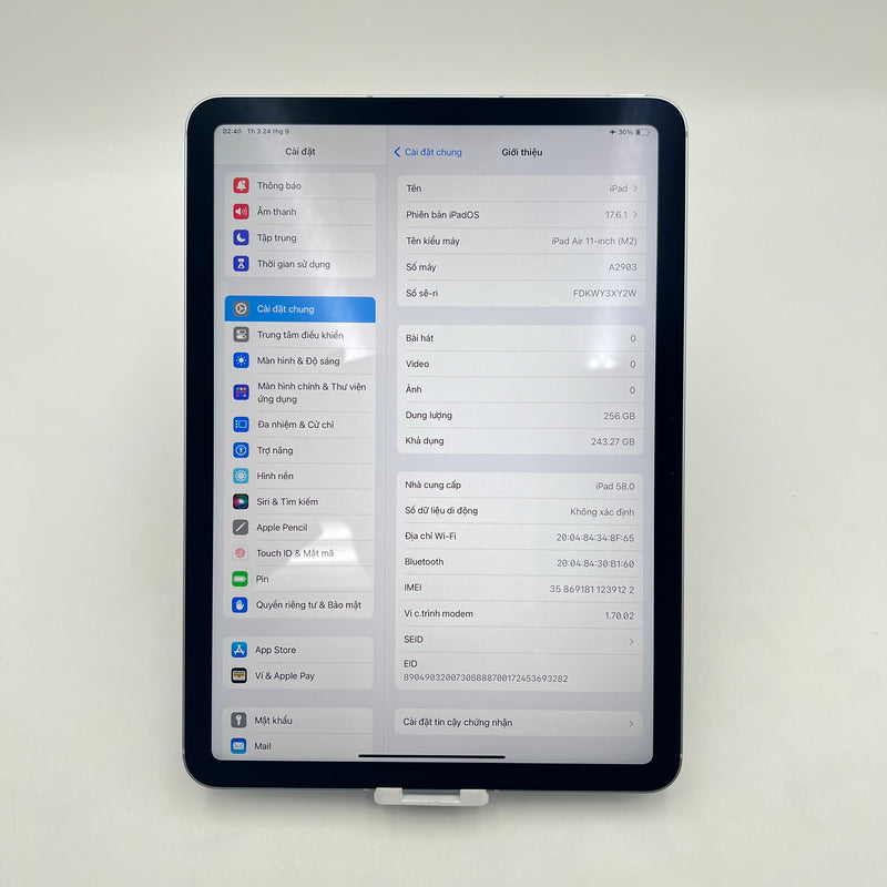 iPad Air 6 2024 11in 256GB M2 Xanh Dương 5G + Wifi 99% pin 100% từ SB