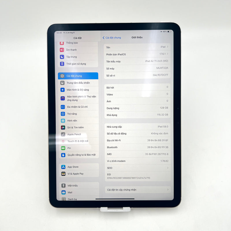 iPad Air 6 2024 11in 128GB M2 Trắng 5G + Wifi 99% pin 100% từ SB