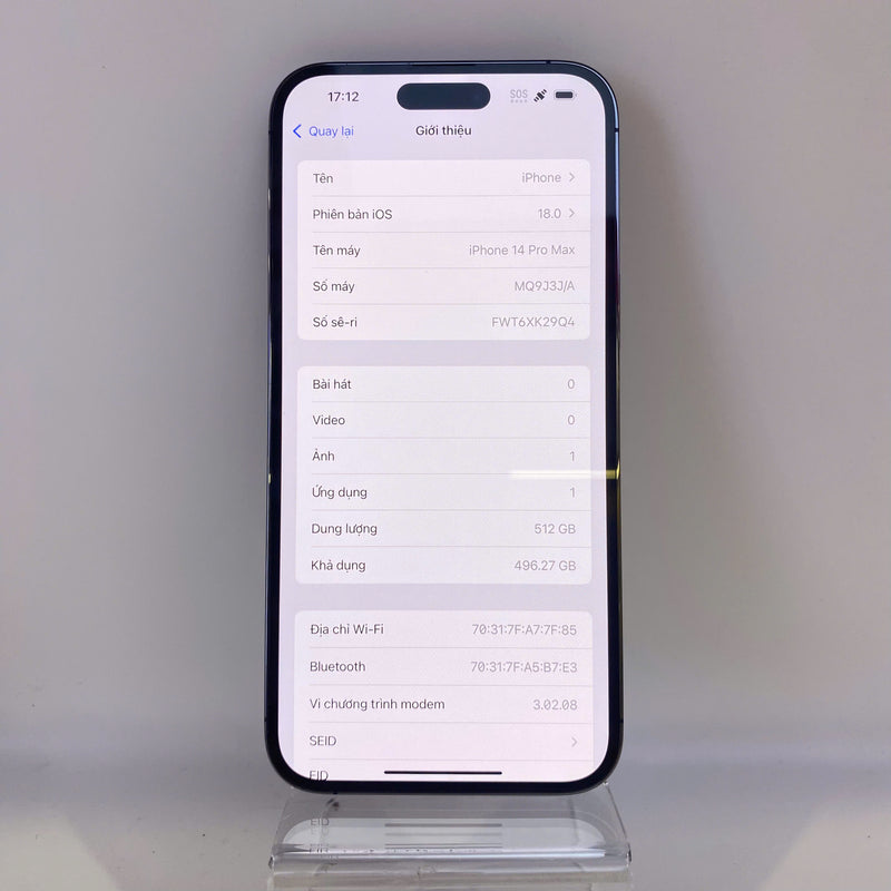 iPhone 14 Pro Max 512GB Tím 98% pin 85%  Quốc tế từ RKT (Không dùng sim RKT - Đốm camera 0.5x)  - HH7191