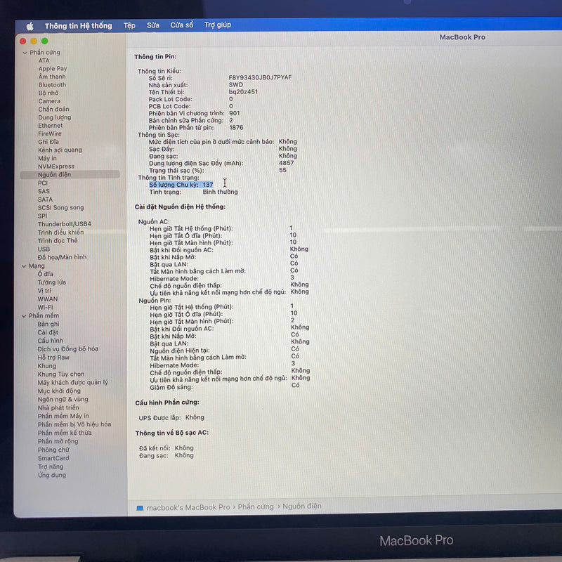 Macbook Pro 2019 13.3in bạc Intel Core i7/ RAM 16GB/ SSD 1TB 98% Sạc 137 lần BPTN
