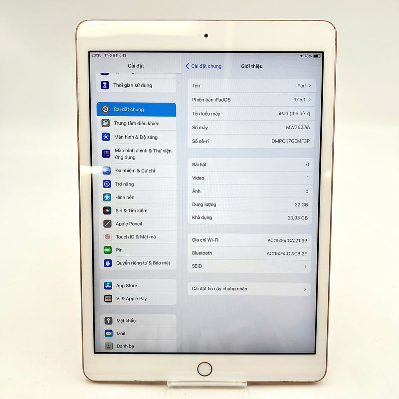 iPad Gen 7 2019 10.2in 32GB Vàng Wifi 97% pin 100%   (Đã thay pin, mặt lưng xước)