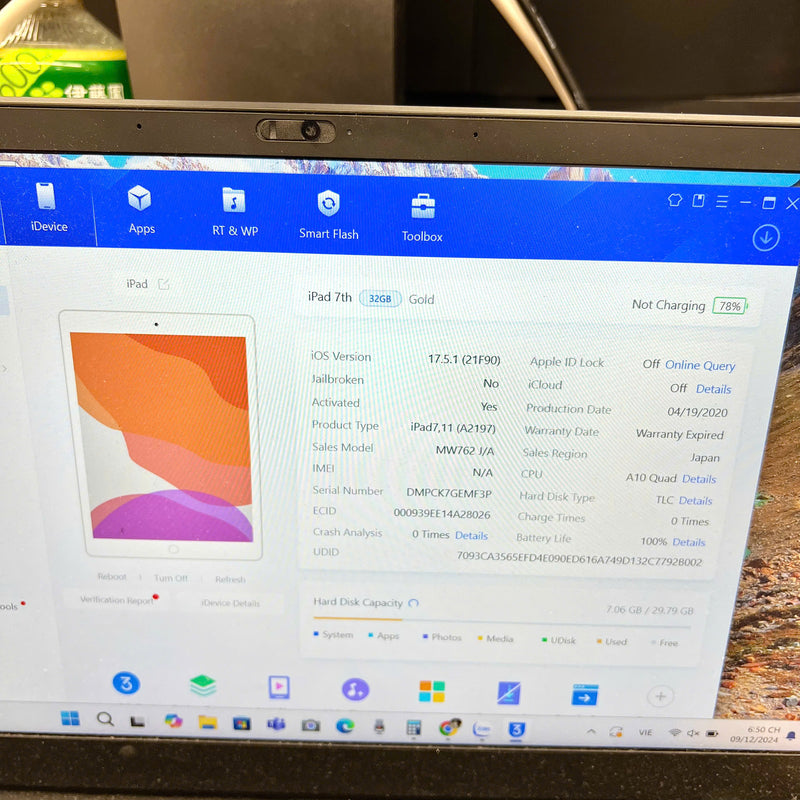 iPad Gen 7 2019 10.2in 32GB Vàng Wifi 97% pin 100%   (Đã thay pin, mặt lưng xước)
