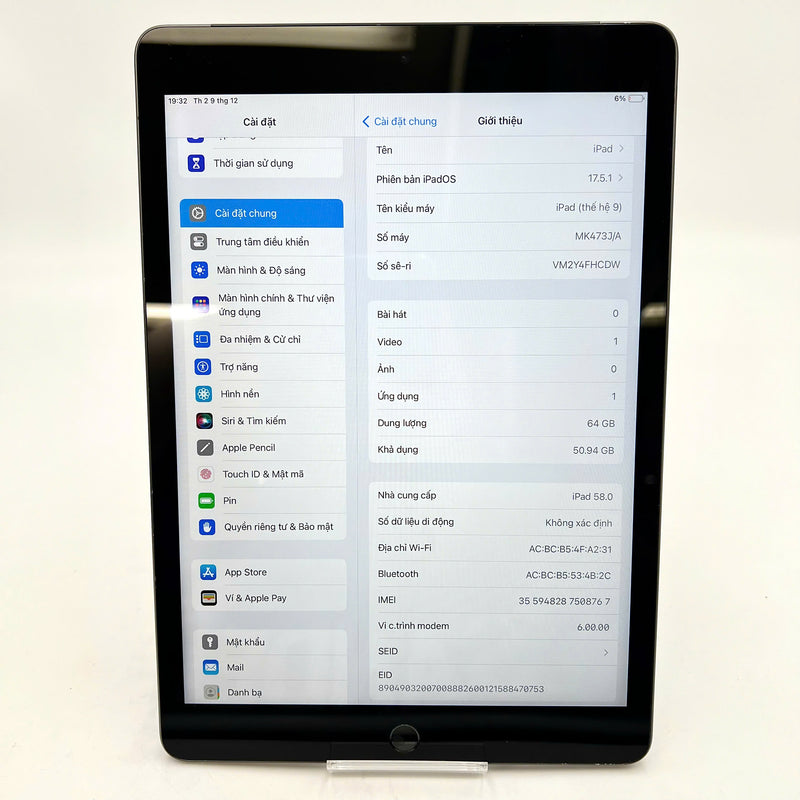 iPad Gen 9  2021 10.2in 64GB Xám 4G + Wifi 97% pin 100% Từ AU (Đã thay pin, mặt lưng xước)