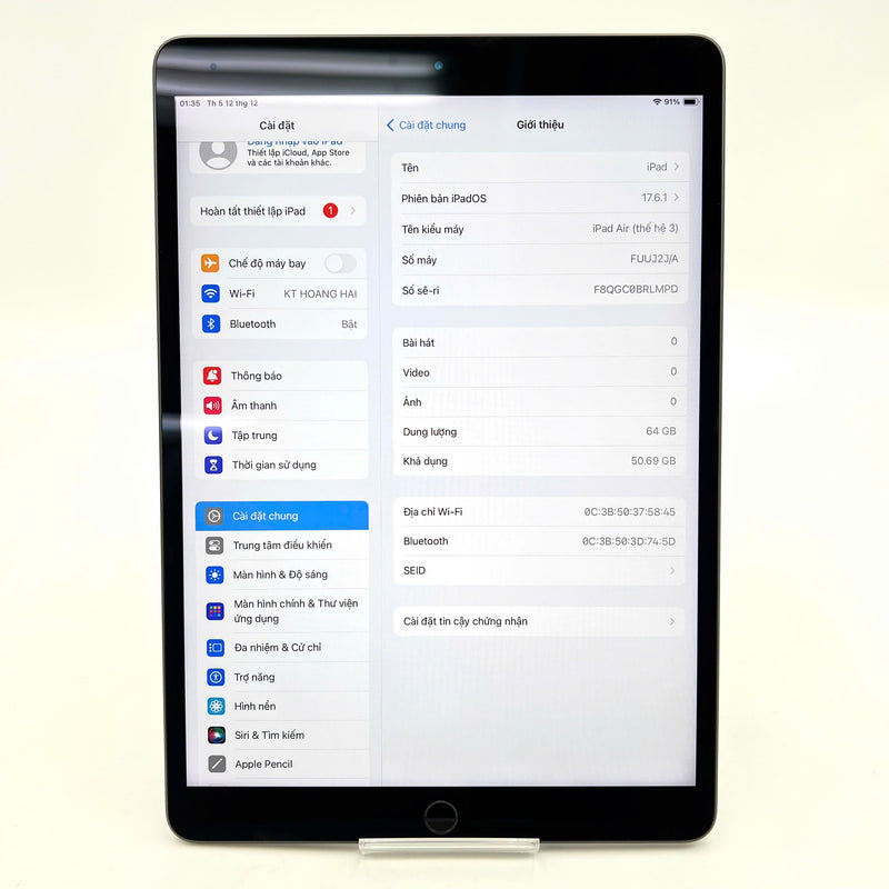 iPad Air 3 2019 10.5in 64GB Xám Wifi 98% pin 93% Hàng CPO (viền xước nhẹ)