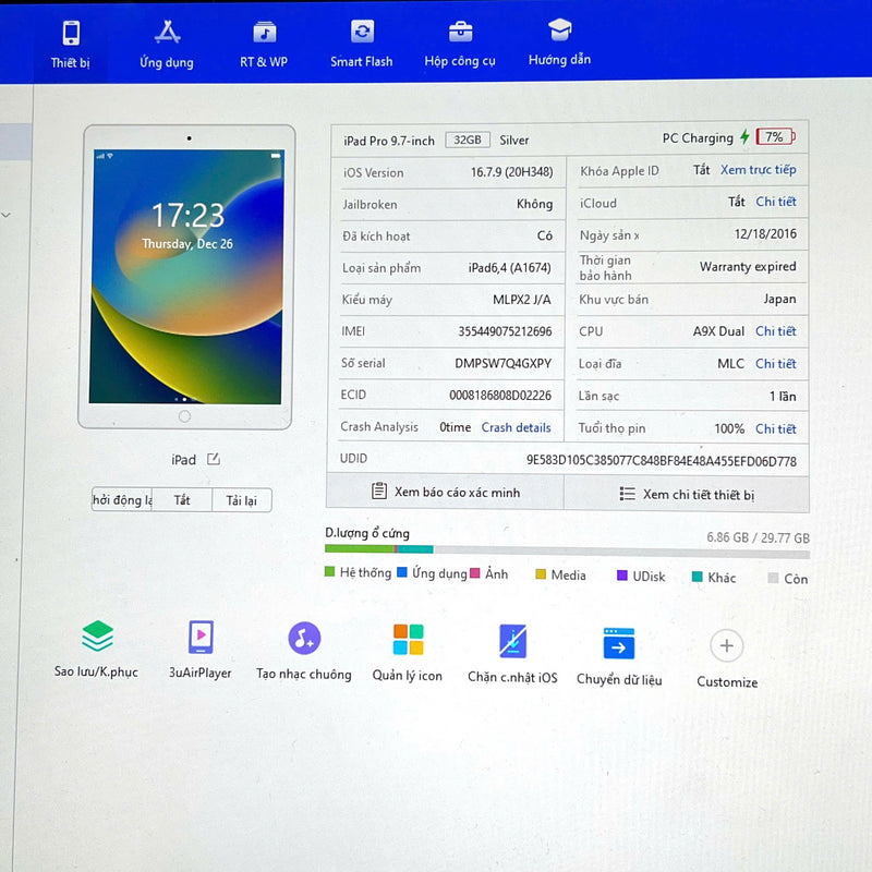 iPad Pro 2016 9.7in 32GB Bạc 4G + Wifi 98% pin 100% sạc 100 lần (Đã thay pin - màn đốm trắng)