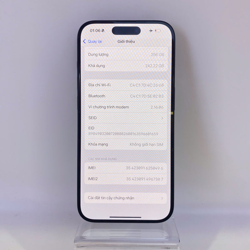 iPhone 15 Pro 256GB Đen 99% pin 90% Quốc tế từ SB (Không dùng sim SB - Đốm camera 3x) HH0496