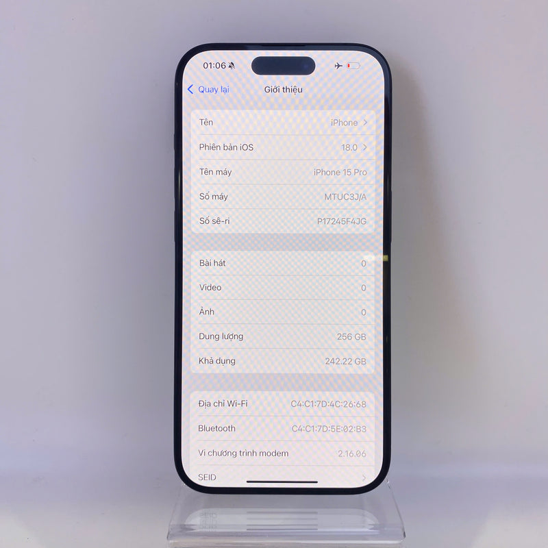 iPhone 15 Pro 256GB Đen 99% pin 90% Quốc tế từ SB (Không dùng sim SB - Đốm camera 3x) HH0496