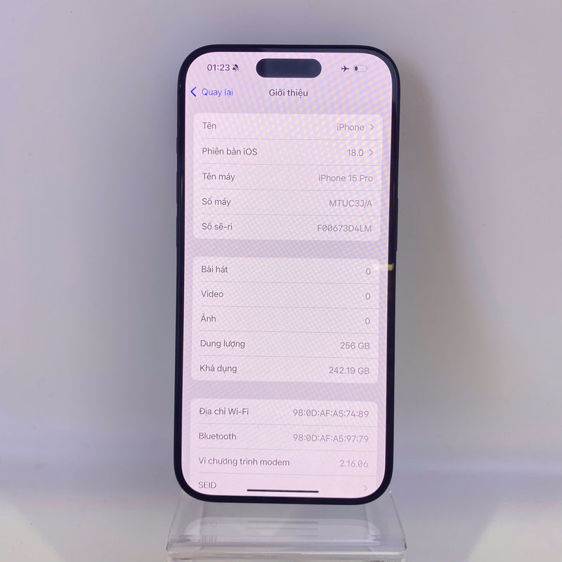 iPhone 15 Pro 256GB Đen 99% pin 89% Quốc tế từ SB (Không dùng sim SB - Đốm camera 0,5x) HH6302