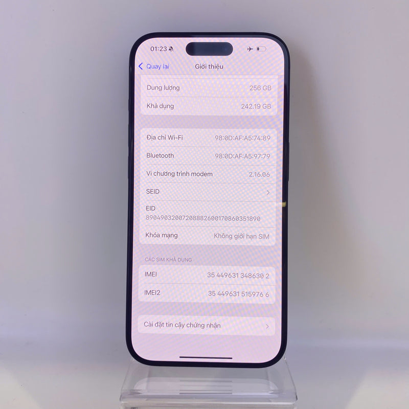 iPhone 15 Pro 256GB Đen 99% pin 89% Quốc tế từ SB (Không dùng sim SB - Đốm camera 0,5x) HH6302