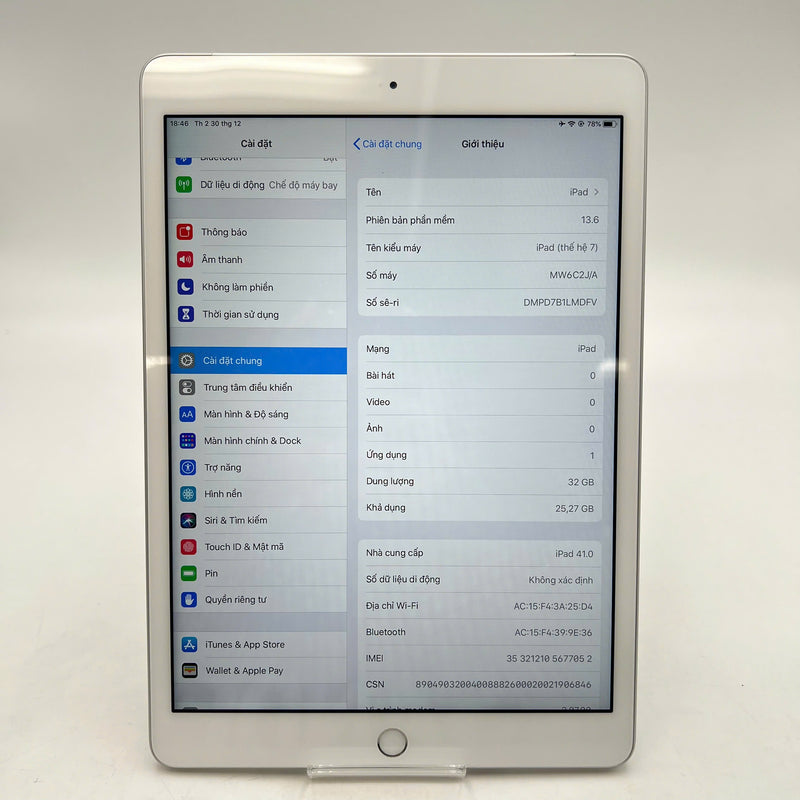 iPad Gen 7 2019  10.2in 32GB Bạc 4G + Wifi 98% pin 93% từ SB sạc 58 lần