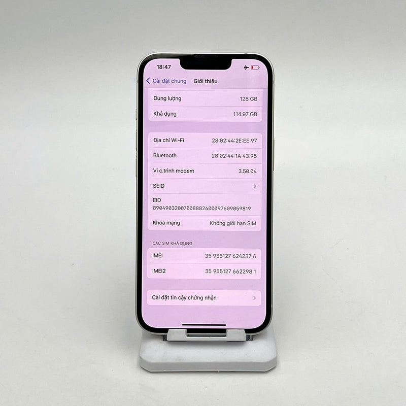 iPhone 13 128GB Trắng 98% pin 87%  Máy đã trả hết tiền mạng dùng như Quốc tế Apple  - HH2376