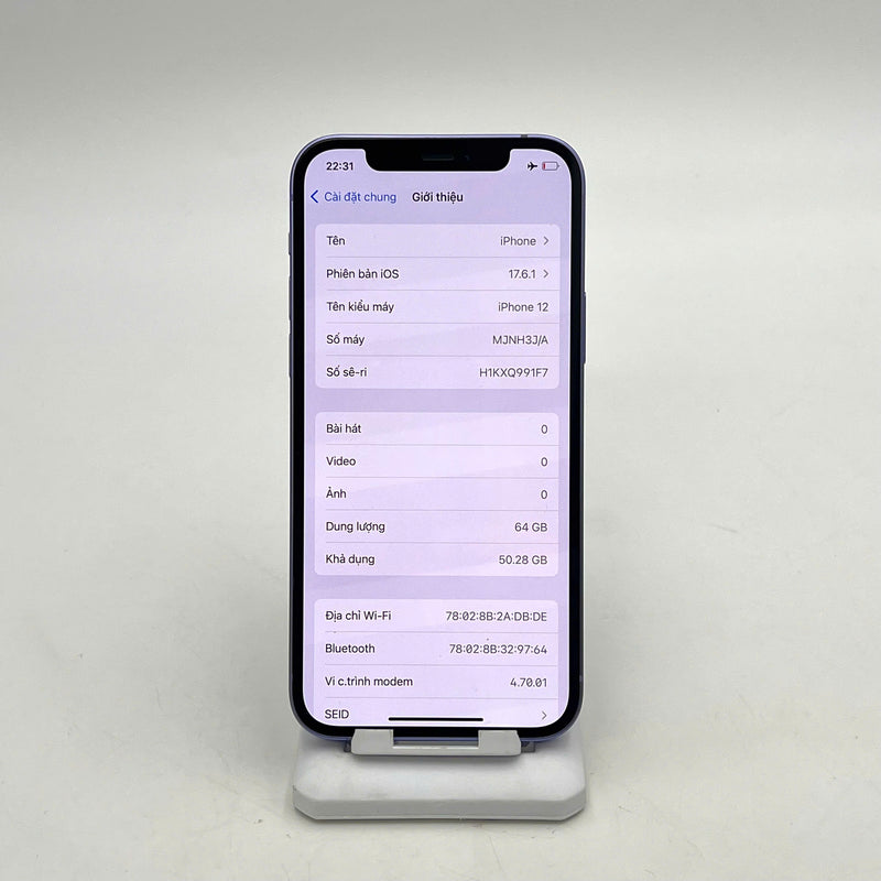 iPhone 12 64GB Tím 98% pin 87%  Máy đã trả hết tiền mạng dùng như Quốc tế Apple  - HH0549