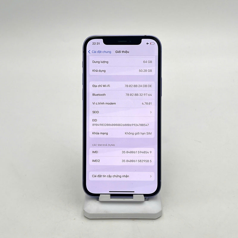 iPhone 12 64GB Tím 98% pin 87%  Máy đã trả hết tiền mạng dùng như Quốc tế Apple  - HH0549
