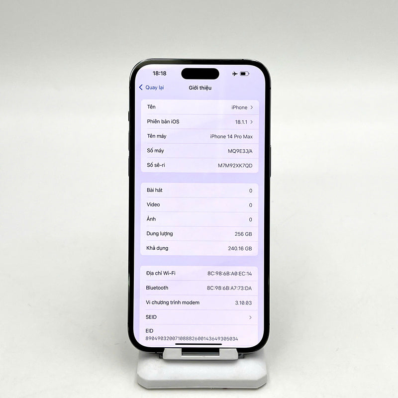 iPhone 14 Pro Max 256GB Tím 98% pin 87%  Quốc tế từ SB (Không dùng sim SB - Đốm camera 0,5x/3x) - HH8023