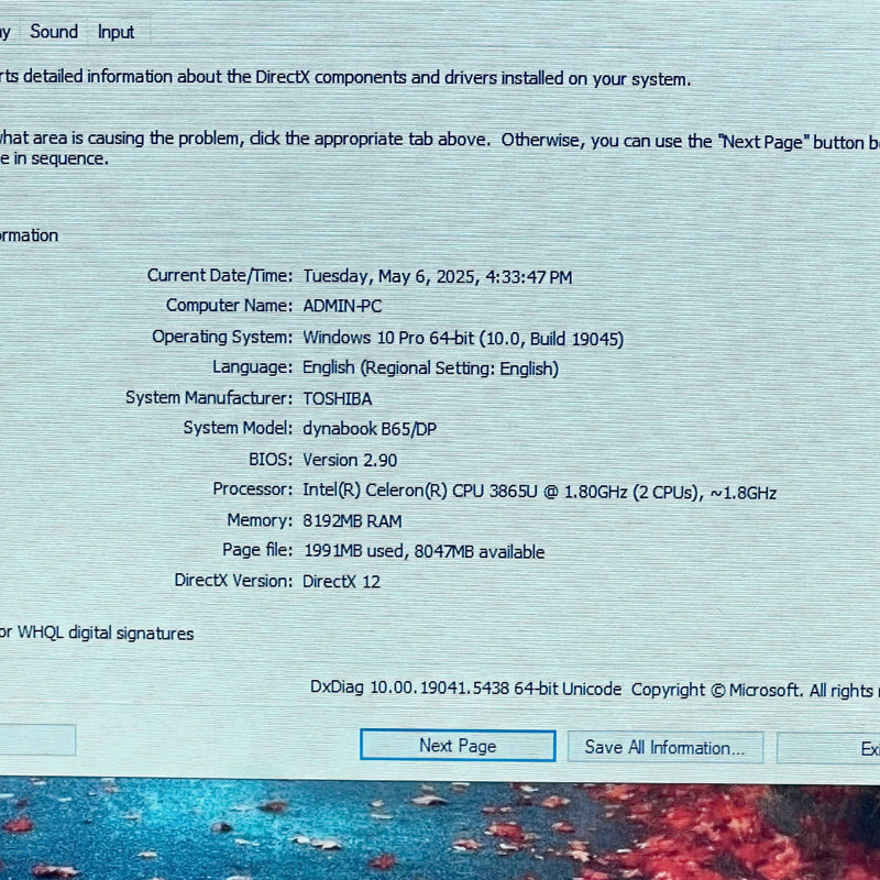 Toshiba Dynabook 15.6in intel celeron 3865U/RAM 8G/SSD 128G Likenew