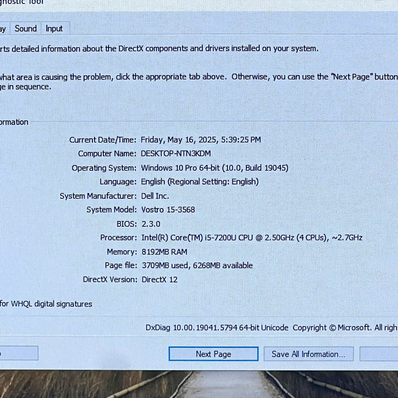 Dell Vostro 3568 15.6in i5 7200U/ RAM 8GB/SSD 128GB BPTN Likenew