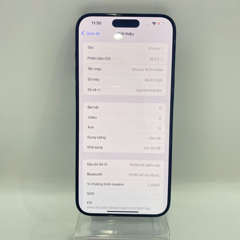 iPhone 15 Pro Max 256GB Xanh Dương 98% pin 89% Quốc tế Apple (Đốm camera 0.5x) - HH2493