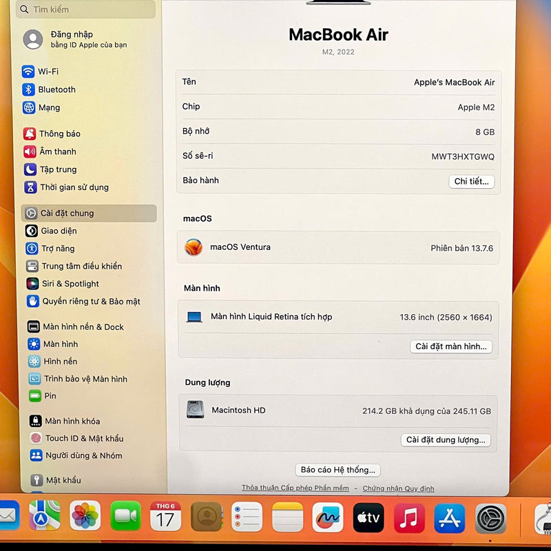 Macbook Air 2022 13.6in Bạc Apple M2/RAM 8GB/SSD 256GB 99% sạc 3 lần BPTN