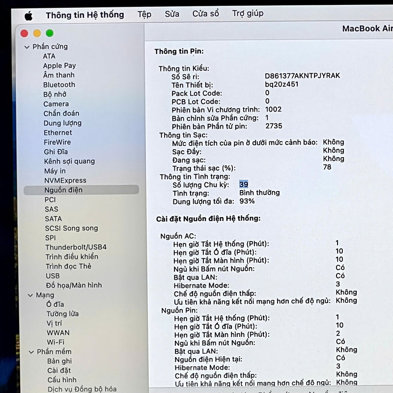 Macbook Air 2020 13.3in Xám Apple M1/RAM 8GB/SSD 256GB 98% sạc 39 lần BPTN
