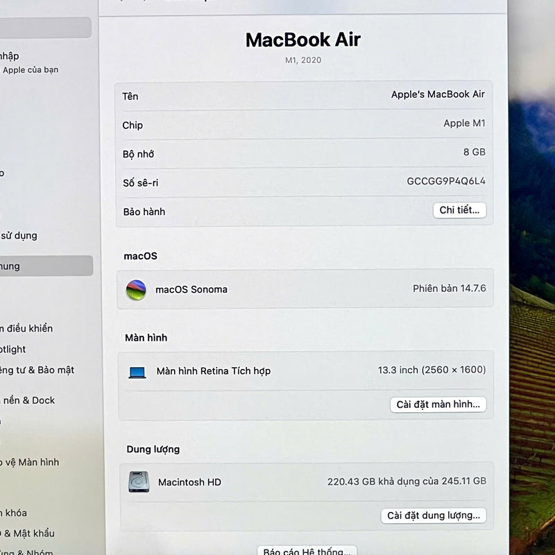 Macbook Air 2020 13.3in Xám Apple M1/RAM 8GB/SSD 256GB 98% sạc 39 lần BPTN