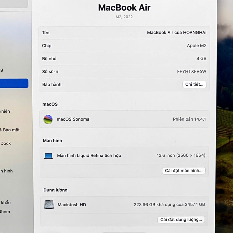 Macbook Air 2022 13.6in Đen Apple M2/RAM 8GB/SSD 256GB 98% pin 100% BPTN (sạc 8 lần)
