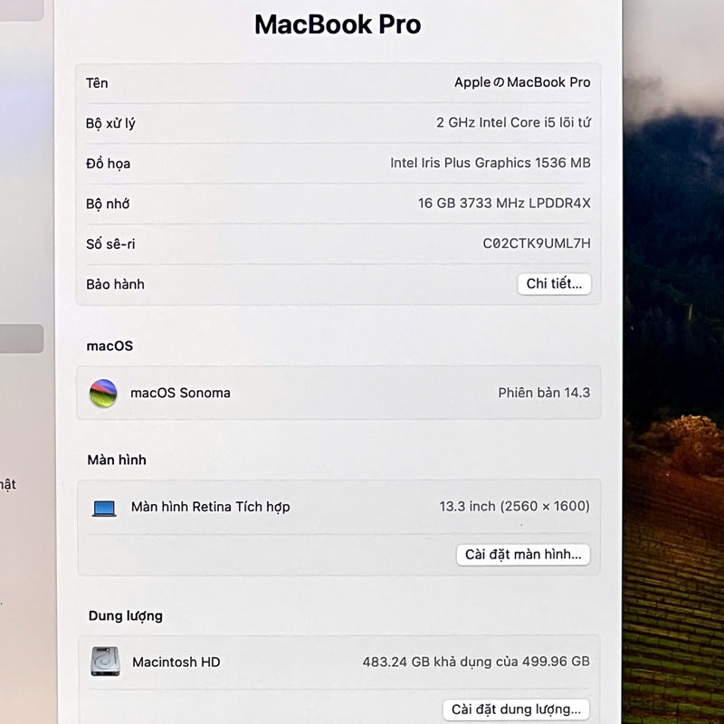 MacBook Pro 2020 13.3in Xám Intel Core i5/ RAM 16GB/ SSD 512GB 98% pin 81% Sạc 195 lần BPTN