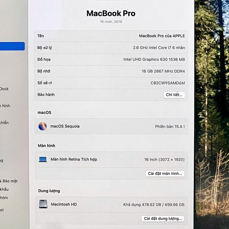 Macbook Pro 2019 16in Xám Intel Core i7/ RAM 16GB/ SSD 512GB  98% Sạc 32 lần BPTN