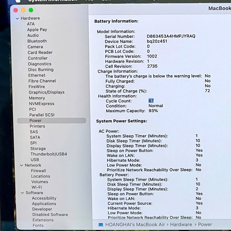 Macbook Air 2020 13.3in Bạc Apple M1/ RAM 8GB /SSD 256GB 98% pin 93% sạc 87 lần BPTA (đốm màn)