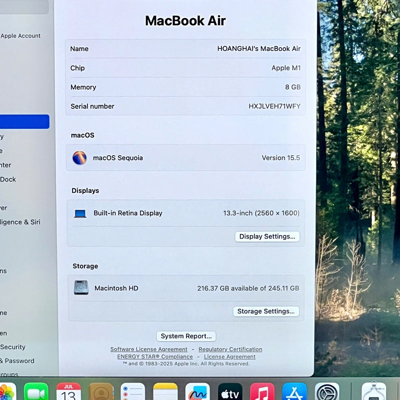 Macbook Air 2020 13.3in Bạc Apple M1/ RAM 8GB /SSD 256GB 98% pin 93% sạc 87 lần BPTA (đốm màn)