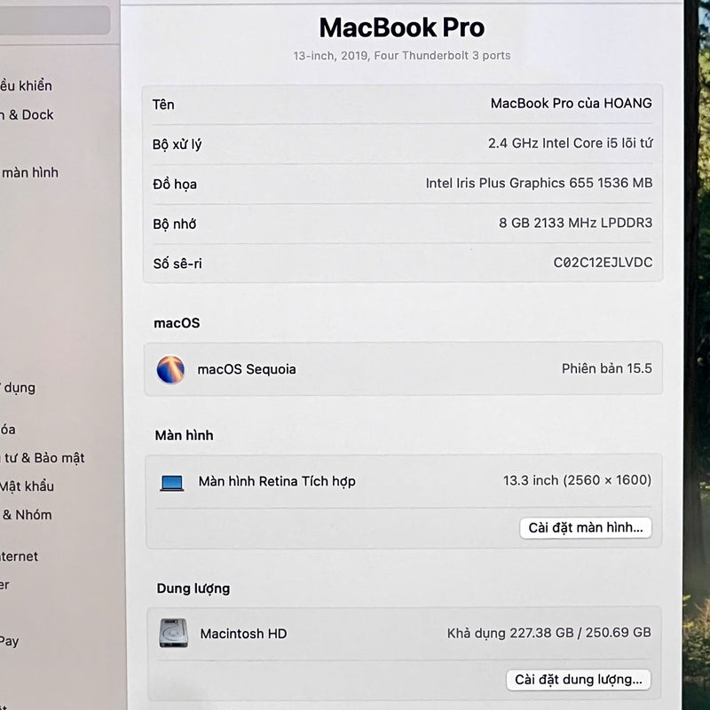 Macbook Pro 2019 13.3in Xám Intel Core i5/ RAM 8GB/ SSD 256GB 98% sạc 90 lần BPTN