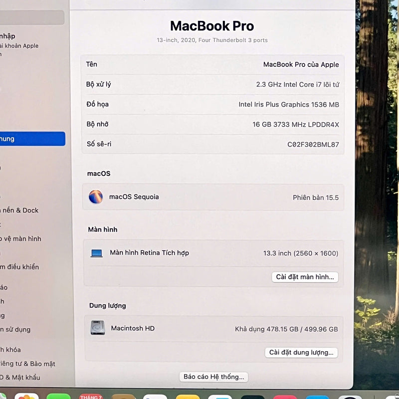 MacBook Pro 2020 13.3in Bạc Intel Core i7/ RAM 16GB/ SSD 512GB 98%pin 85% Sạc 152 lần BPTN (xước viền)