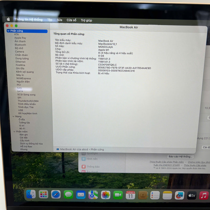 Macbook Air 2020 13.3in Vàng M1/RAM 8G/SSD 256G 98% pin 100% Sạc 3 lần BPTA
