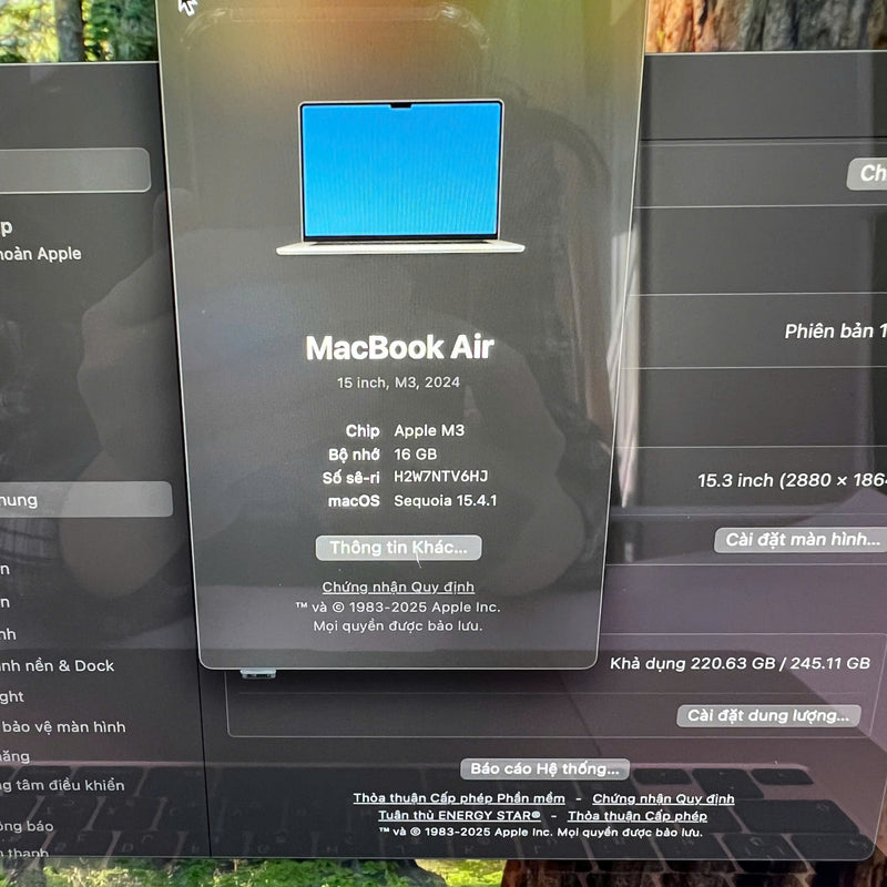 Macbook Air 2024 15.3in Bạc Apple M3/ RAM 16GB/ SSD 256GB 99% pin 100% sạc 12 lần BPTN