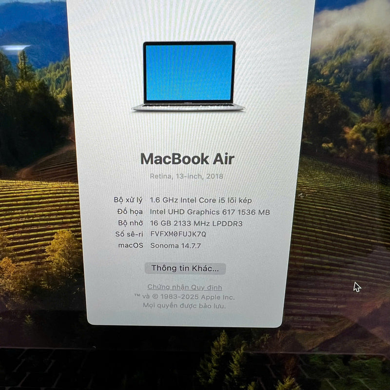 Macbook Air 2018 13.3in Bạc Intel Core i5/ RAM 16GB/ SSD 512GB 98% Pin 91% BPTA