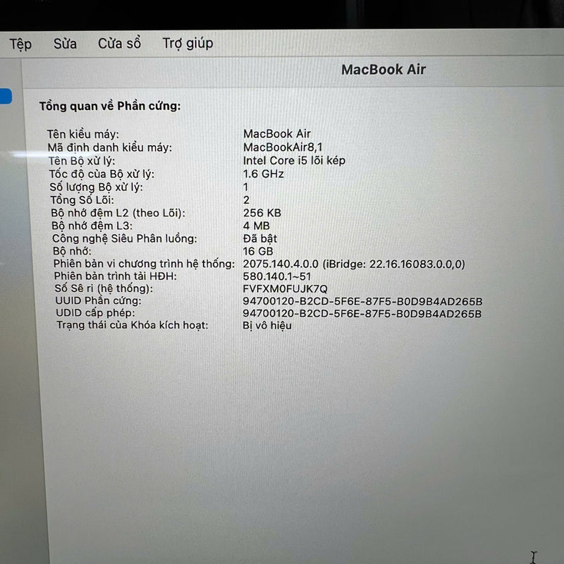 Macbook Air 2018 13.3in Bạc Intel Core i5/ RAM 16GB/ SSD 512GB 98% Pin 91% BPTA
